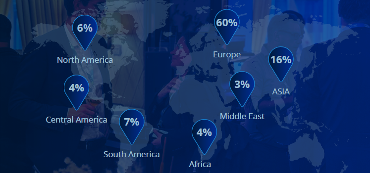 World Ethanol & Biofuels 2025 attendee distribution map: 65% Europe, 15% Asia, 10% North America, 6% Central & South America, 4% Middle East & Africa.