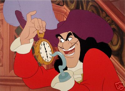Captain Hook holds a pocket watch and taps it with his hook hand.