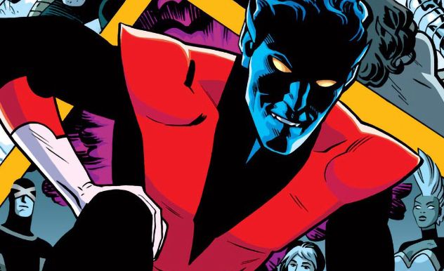 Comic book character Nightcrawler grinning and kneeling