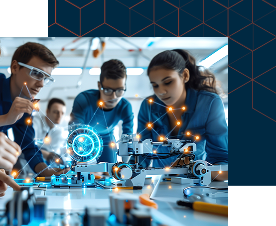 Three focused teenagers working together on a robotics project in a lab