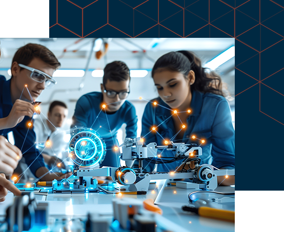 Three focused teenagers working together on a robotics project in a lab