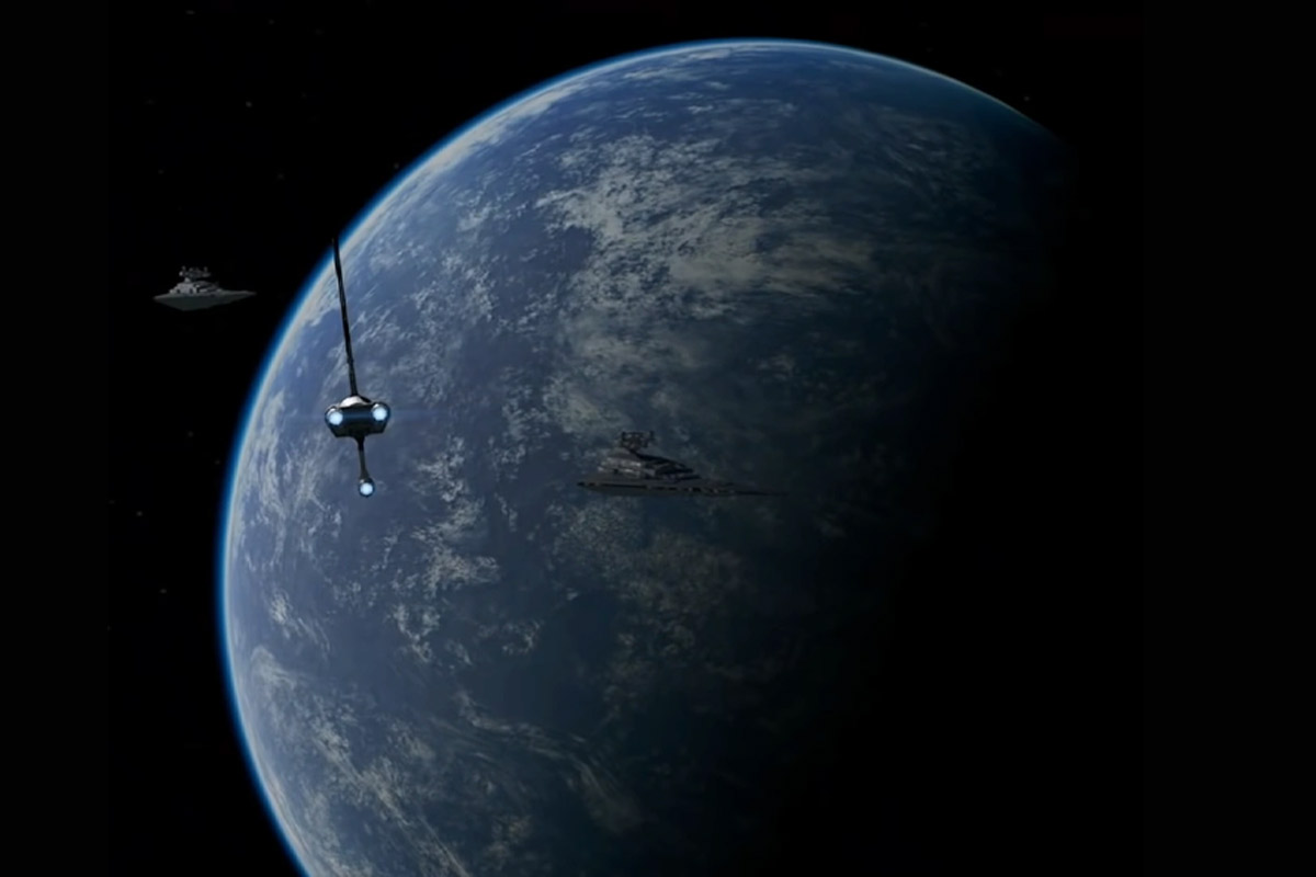 A blue planet with ships approaching floats in space