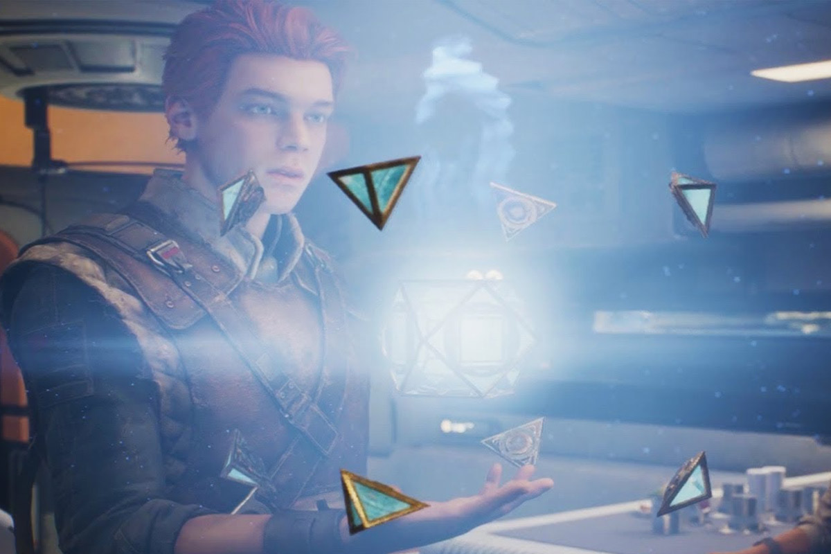 Cal Kestis holding a floating Holocron with a projection of Obi-Wan Kenobi above it