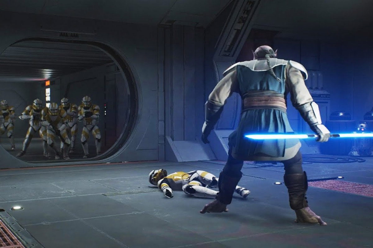 Jedi Master Jaro Tappal stands with his double edged blue lightsaber as a group of clones attack him