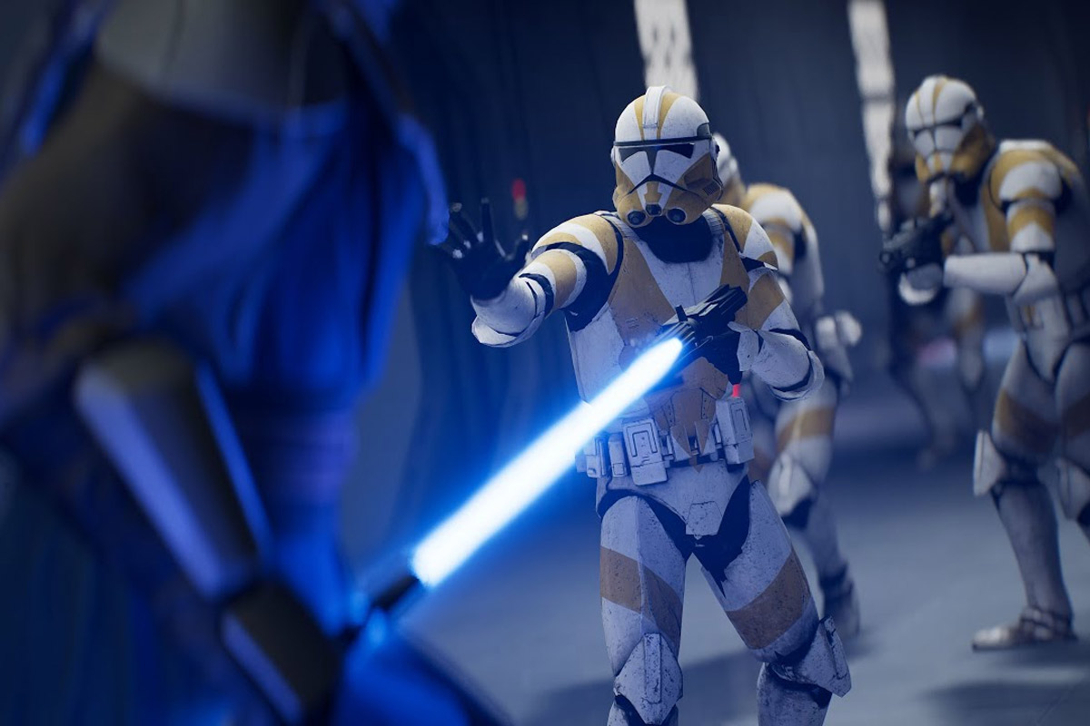 Multiple white & yellow clones stand in attack formation as a Jedi Master with a blue lightsaber is ready to attack them as well