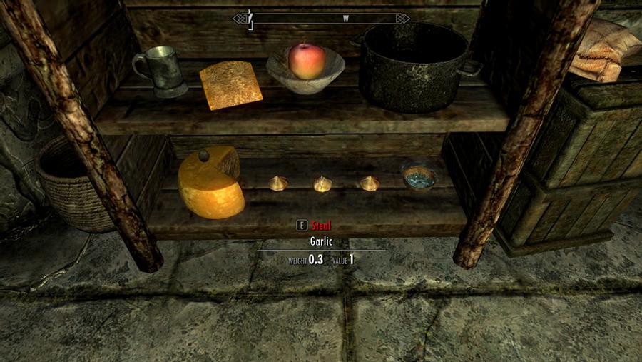 A wooden shelf featuring various foods on it including cheese, an apple, a metal cup and more