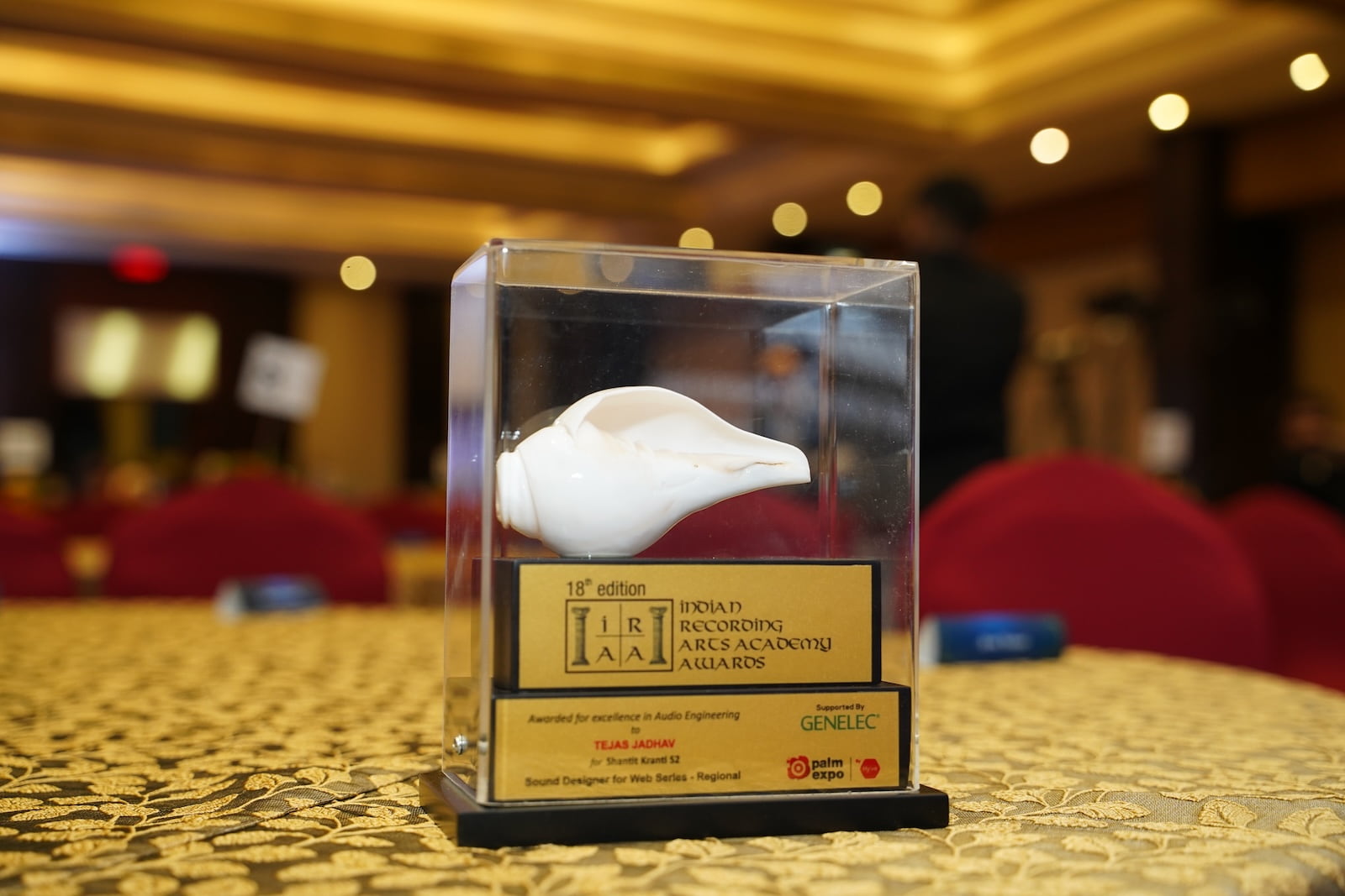 Close-up of Indian Recording Arts Academy Awards trophy on display