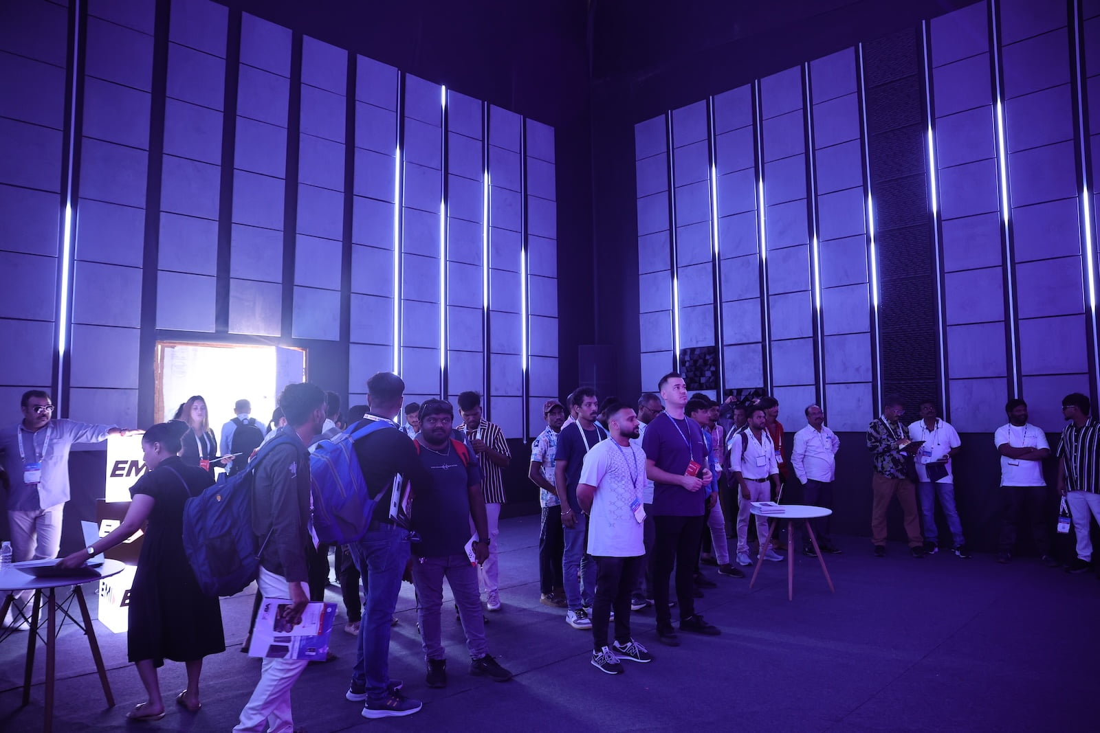 Crowd gathering inside soundproof Demo Qube to experience high-decibel audio systems at PALM Expo