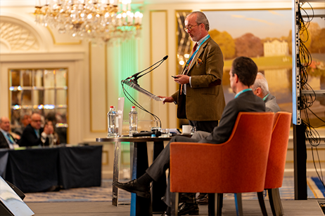 Speaker presenting on stage at World Ethanol & Biofuels 2025 in Brussels, showcasing conference sponsorship and thought leadership.