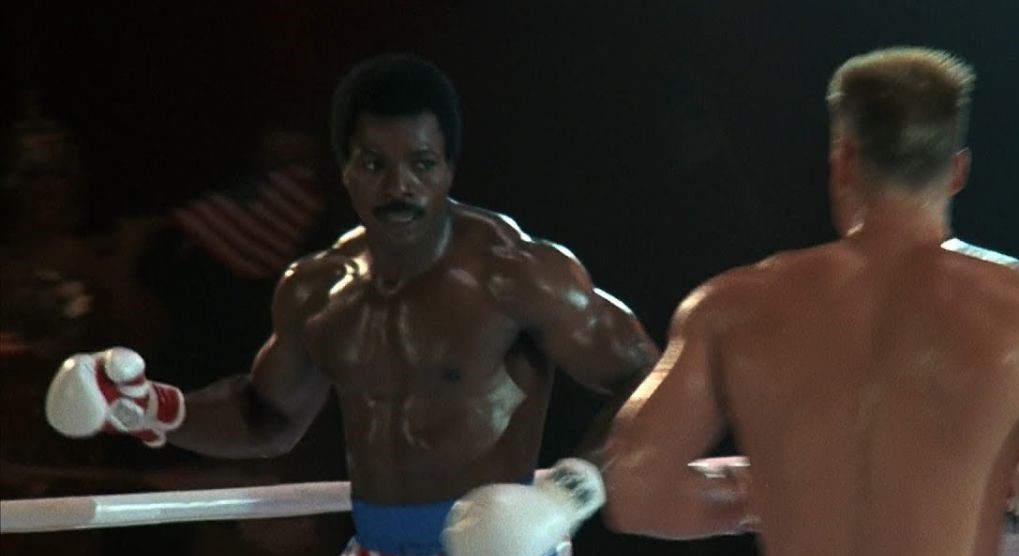 Carl Weathers as Creed fighting in the ring against Ivan, played by Dolph Lundgren