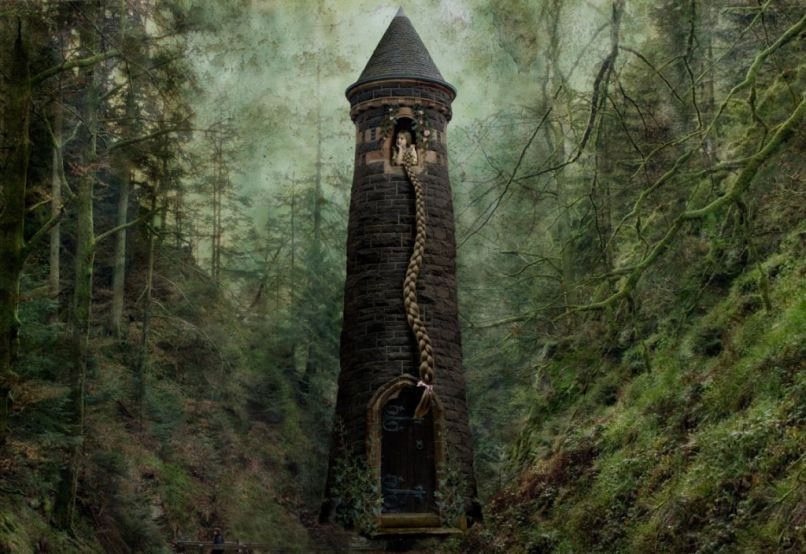 A long braided piece of hair drapes down from a very tall tower in the middle of a forest