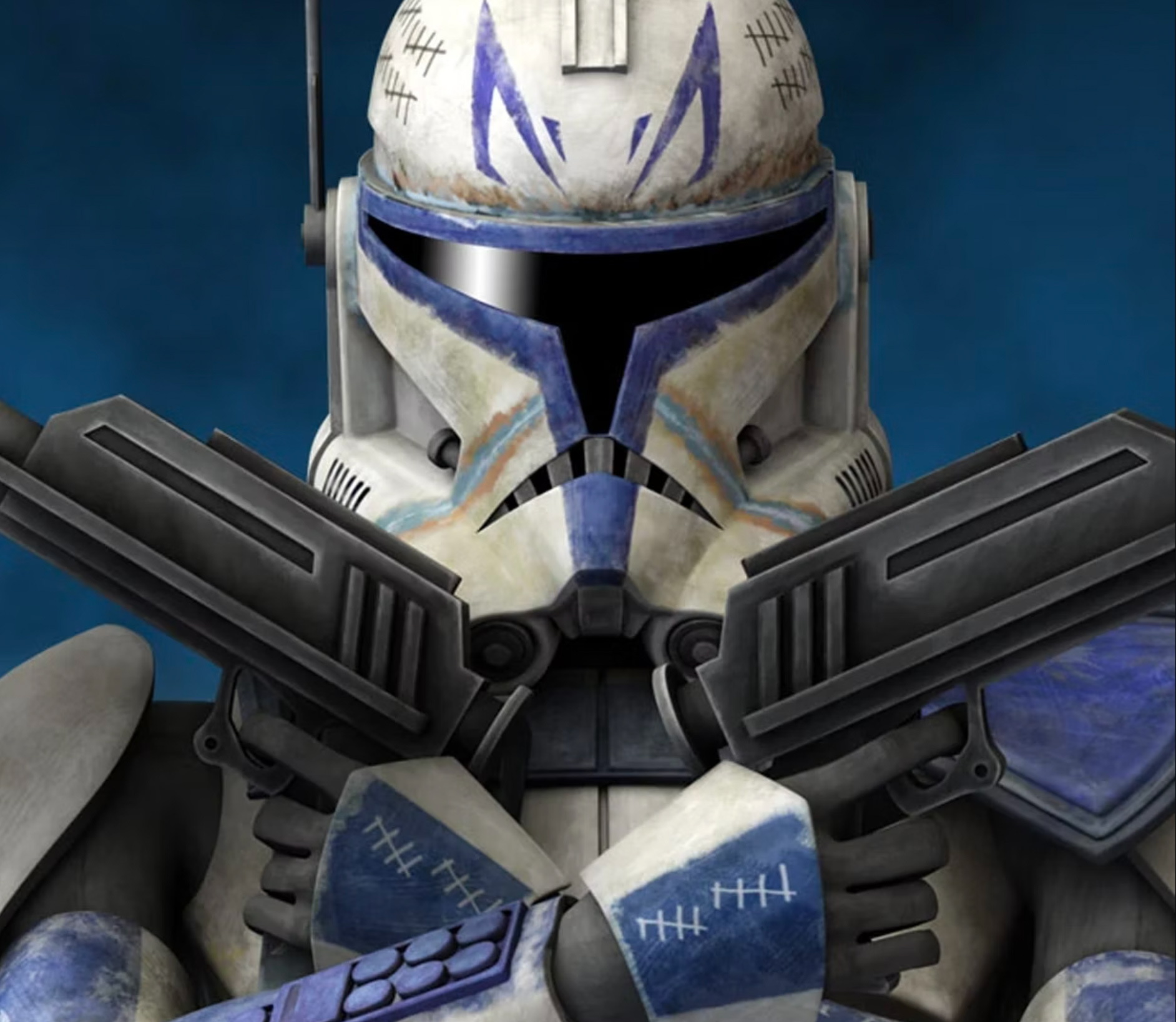 Captain Rex looking straight ahead with guns out