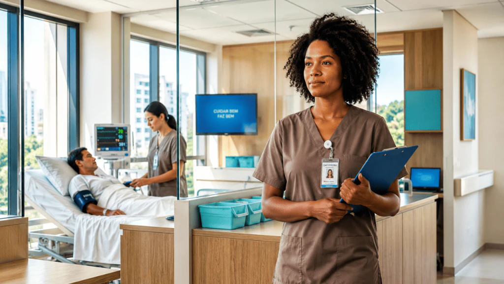 Enfermeira negra de jaleco marrom segura uma prancheta azul em primeiro plano, com expressão confiante. Ao fundo, outra profissional de saúde atende um paciente deitado em maca hospitalar. Ambiente clínico moderno e iluminado.