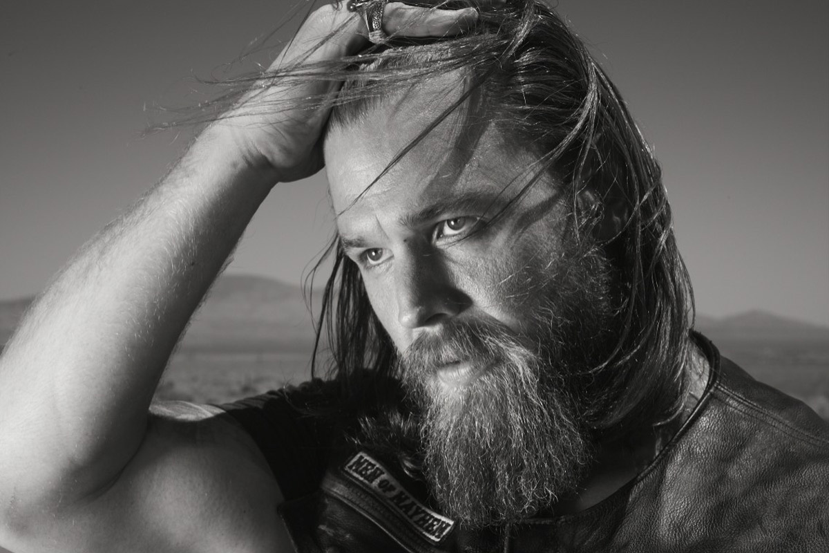 Ryan Hurst poses with his hand on his head in a black & white photoshoot