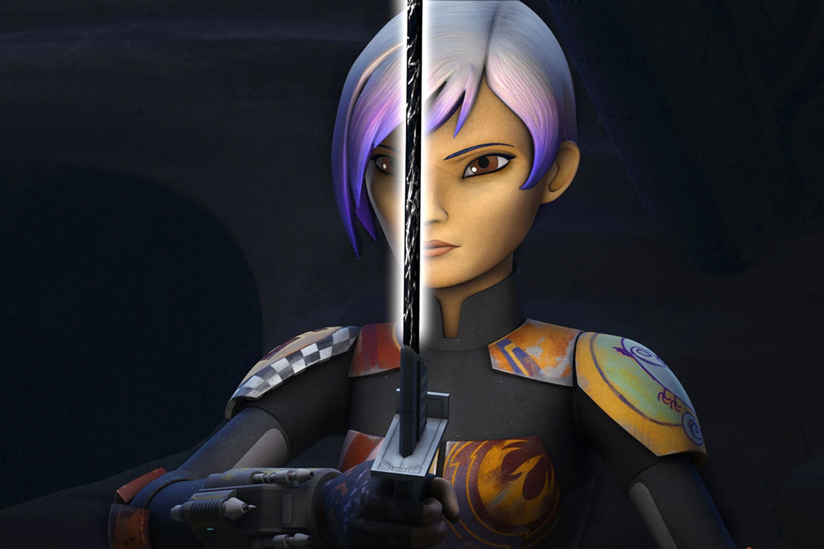 Sabine Wren, with purple hair and orange armor, holds the darksaber up to divide her face