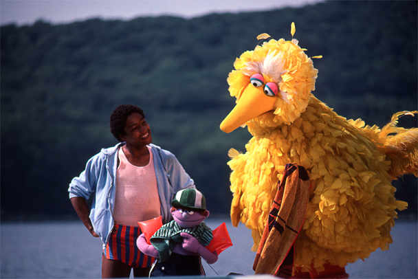 Giancarlo in a blue zip up hoodie with a pink tank top and red/blue checkered shorts. He is standing next to Big Bird who is holding a towel and is looking at the purple muppet with orange floaties, a green and white striped hat and matching towel.
