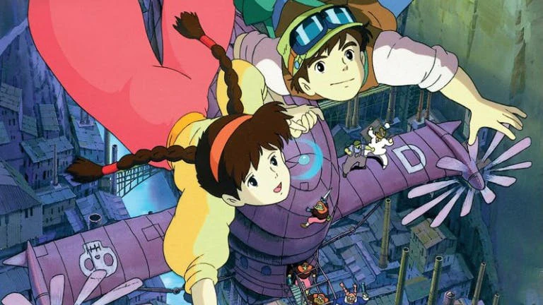Two characters flying high above the ground, one wearing a yellow shirt and pink bottom and one wearing a white shirt and green goggles.