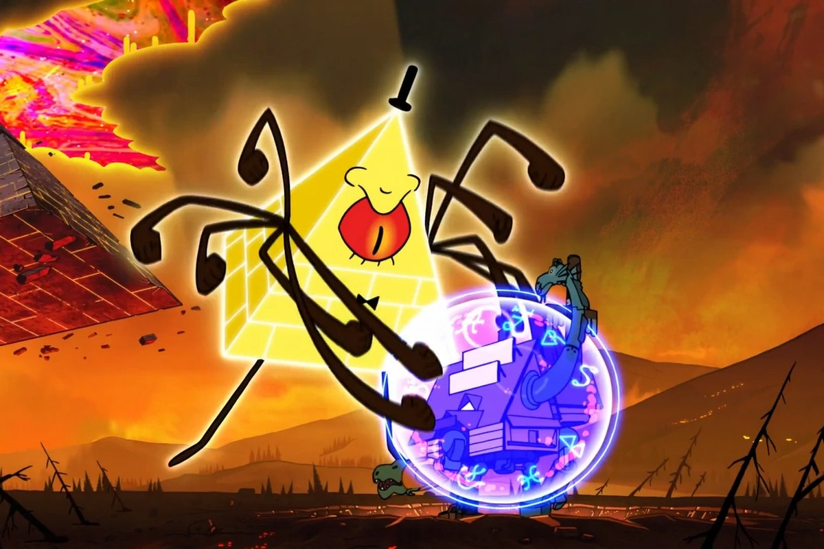 A giant Bill Cipher with a glowing red eye attacks a house inside a glowing blue bubble orb