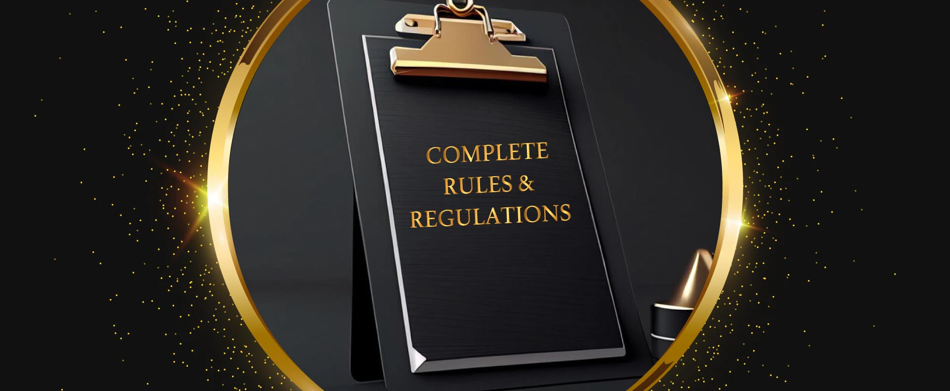 Clipboard design displaying “Complete Rules and Regulations,” representing the official event guidelines for the IRAA Palm Awards