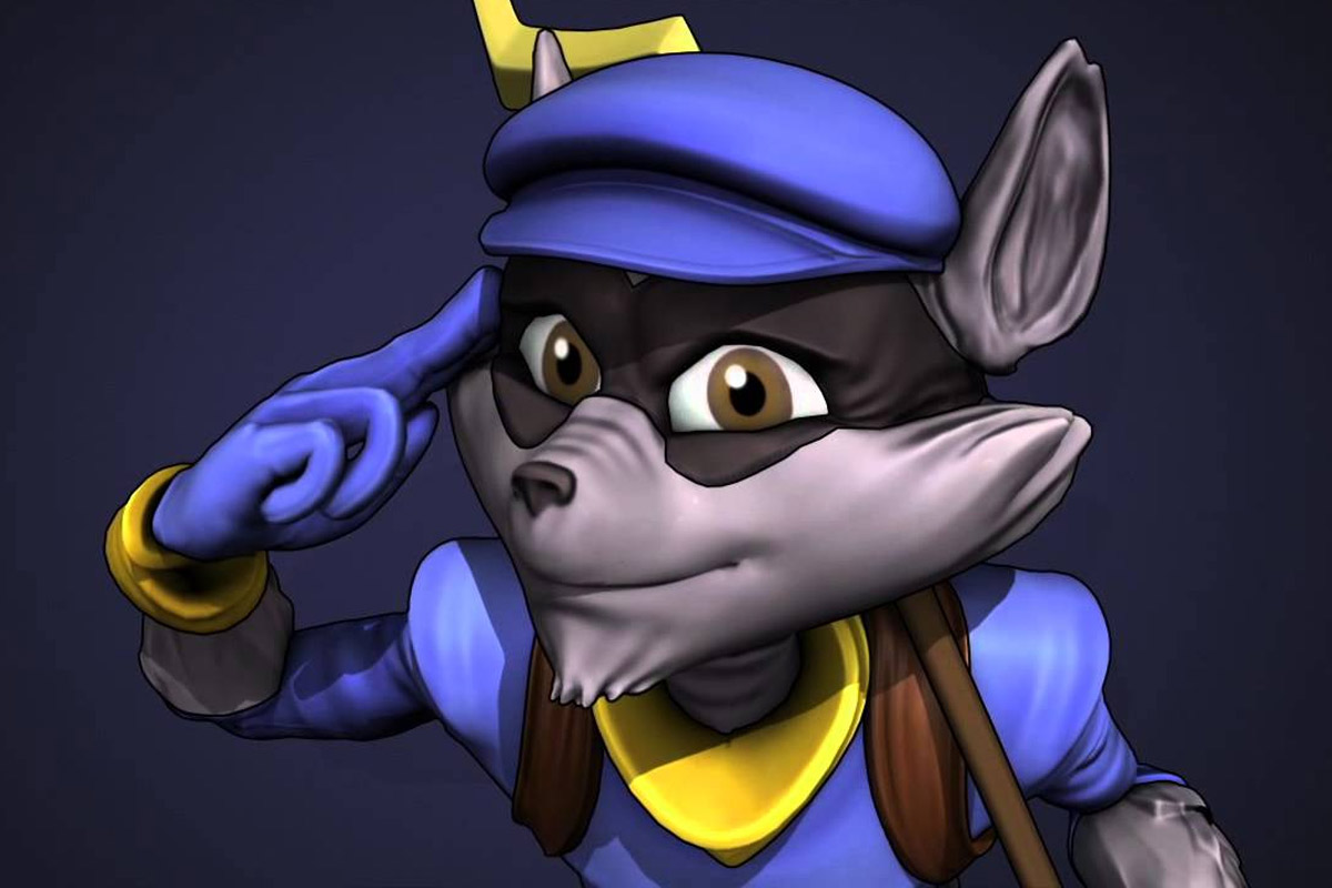 A racoon with a blue hat and shirt holds a long brown cane