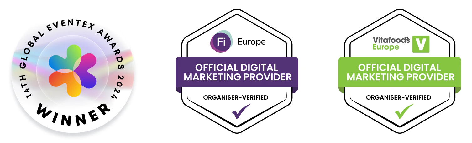 Global Eventex Awards 2024 winner, Fi Europe and Vitafoods Europe official digital marketing provider badges