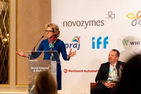 Speaker presenting at World Ethanol & Biofuels 2025 in Brussels, highlighting sponsorship speaking opportunities.