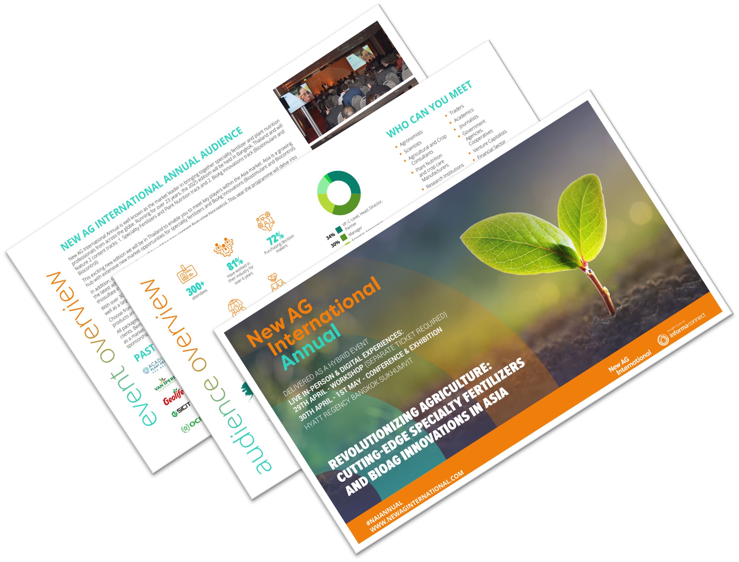 Sponsorship brochure pages for the New Ag International Annual event, highlighting audience insights, networking opportunities, and showcasing its focus on specialty fertilisers and BioAg innovations in Asia