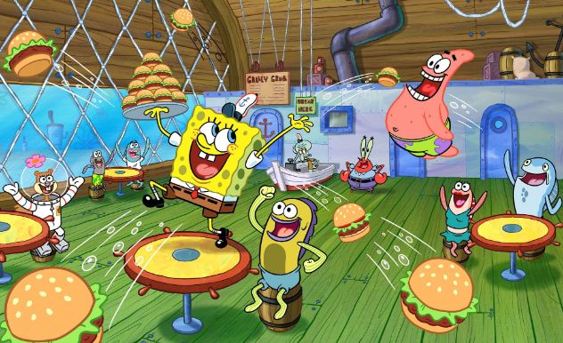 SpongeBob SquarePants throws Krabby Patties around the Krusty Krab