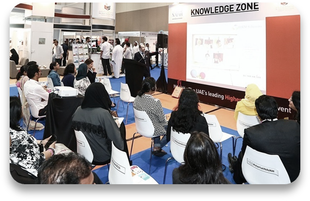 Seminar session at Najah Success Hub programme during Najah Expo, where exhibitors present on education and career pathways.