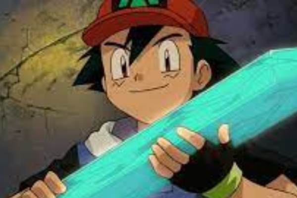 Ash Ketchum holding a huge, green, and glowing crystal in a close up shot underground.