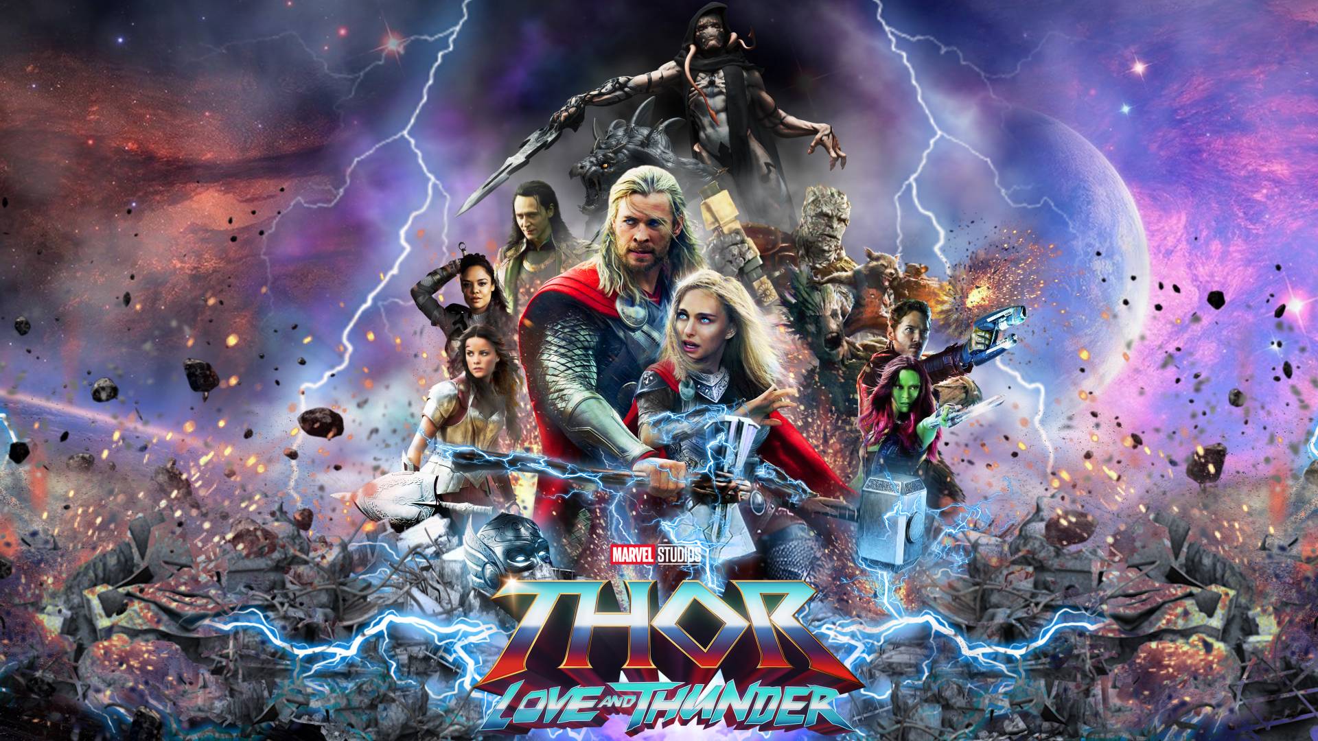 Thor: Love and Thunder poster featuring all of the characters on an exploding planet background with the logo beneath them all