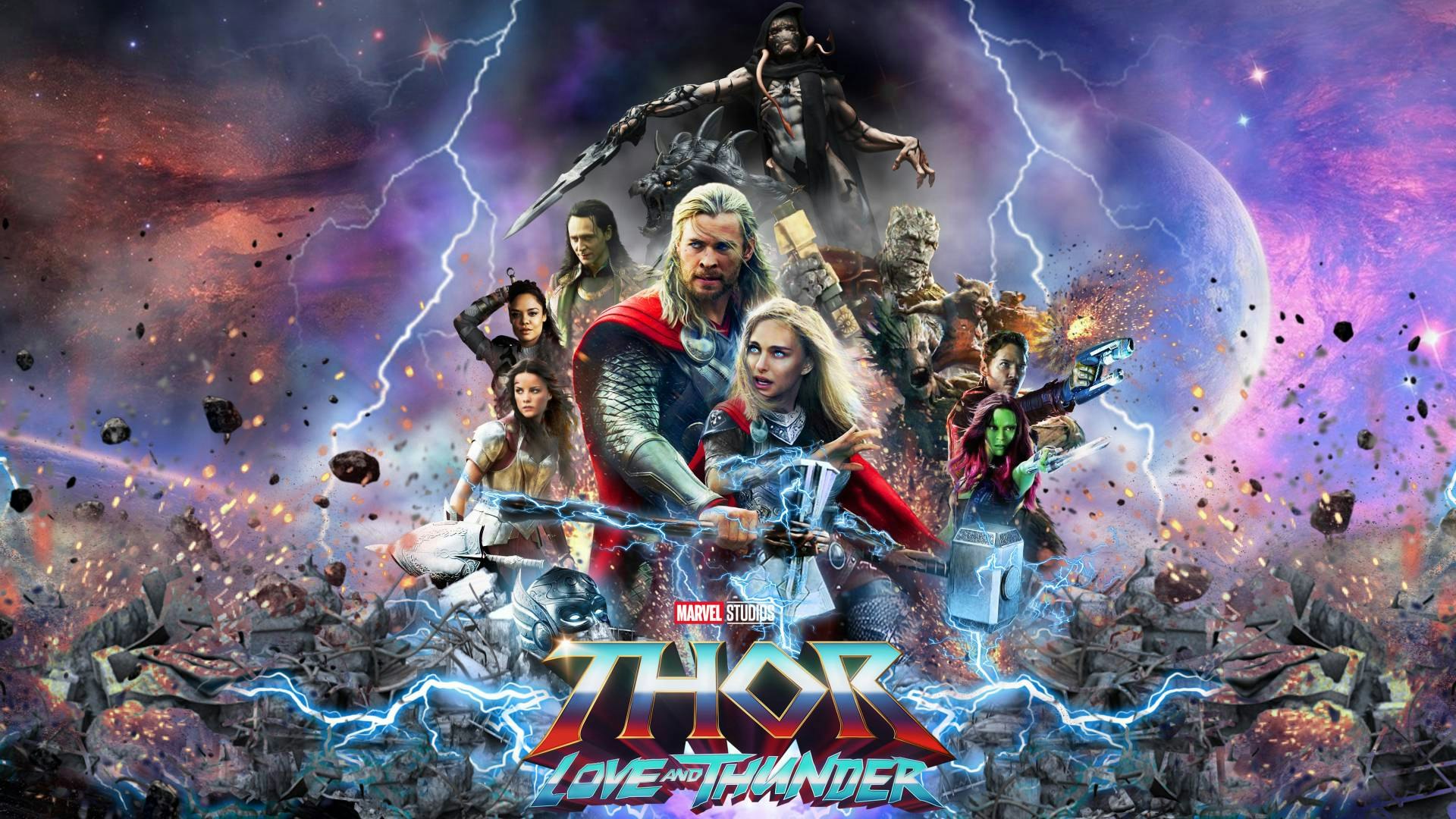 Thor: Love and Thunder poster featuring all of the characters on an exploding planet background with the logo beneath them all