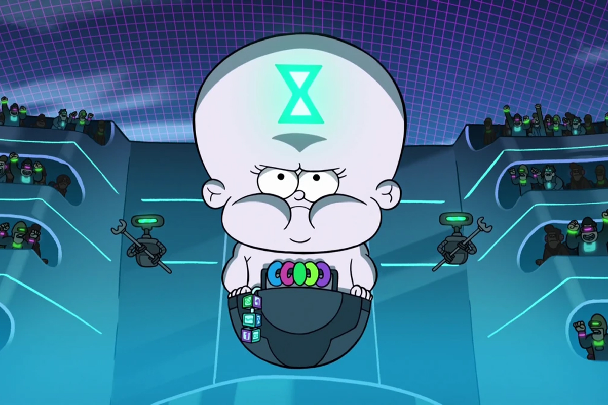 The Time Police baby floats menacingly above the ground with his army surrounding him on bleachers