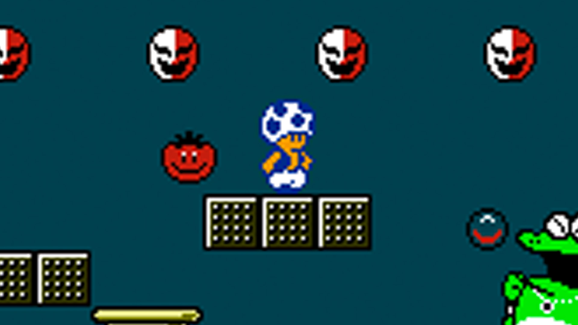 toad stands on a metal block looking around at various dangerous floating objects