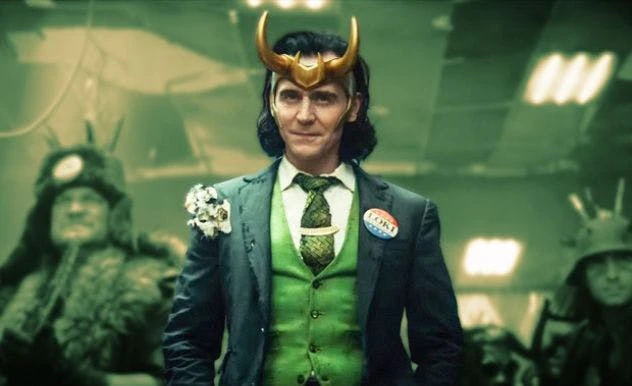 President Loki from the show Loki wearing a Loki For President button