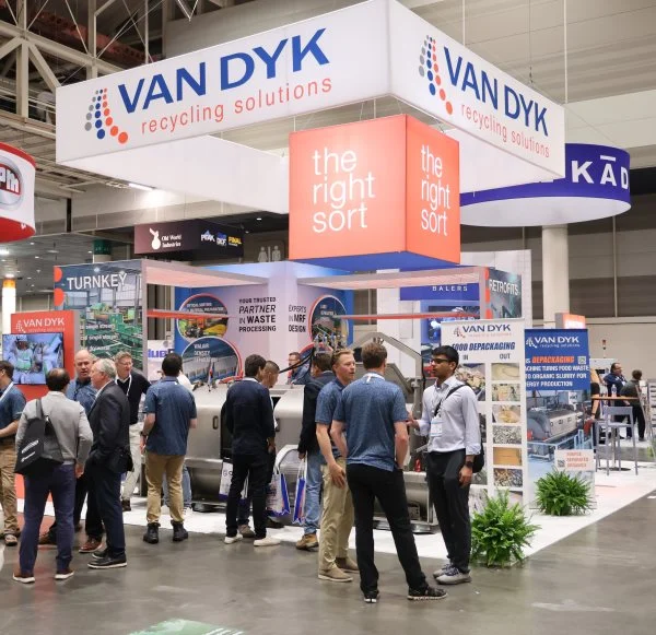 Van Dyk Booth with a line of attendees on the WasteExpo Show Floor