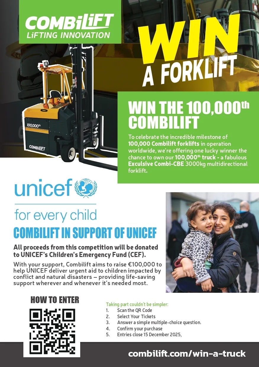 Win Combilift’s Landmark 100,000th Multidirectional Forklift and support UNICEF
