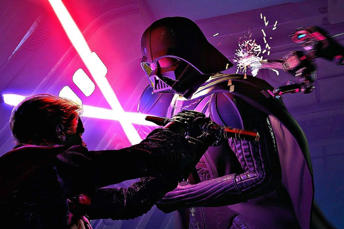 Darth Vader fights Cal Kestis while BD-1 electrocutes Vader