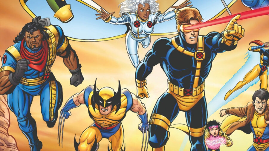 Multiple X-Men like Cyclops & Wolverine charge at an unseen enemy