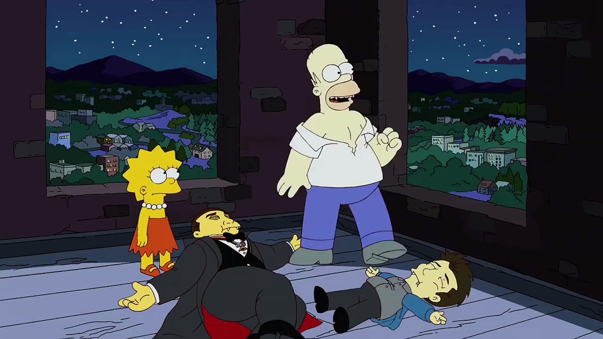 In a bell tower over Springfield, Lisa looks on as a Vampiric Homer smiles out at the city after having offered himself as a sacrifice to save Lisa from being bitten. Edmund (our Twilight-esque vampire) and Dracula (his father) lie lifeless on the floor, as turning homer took them both out. 
