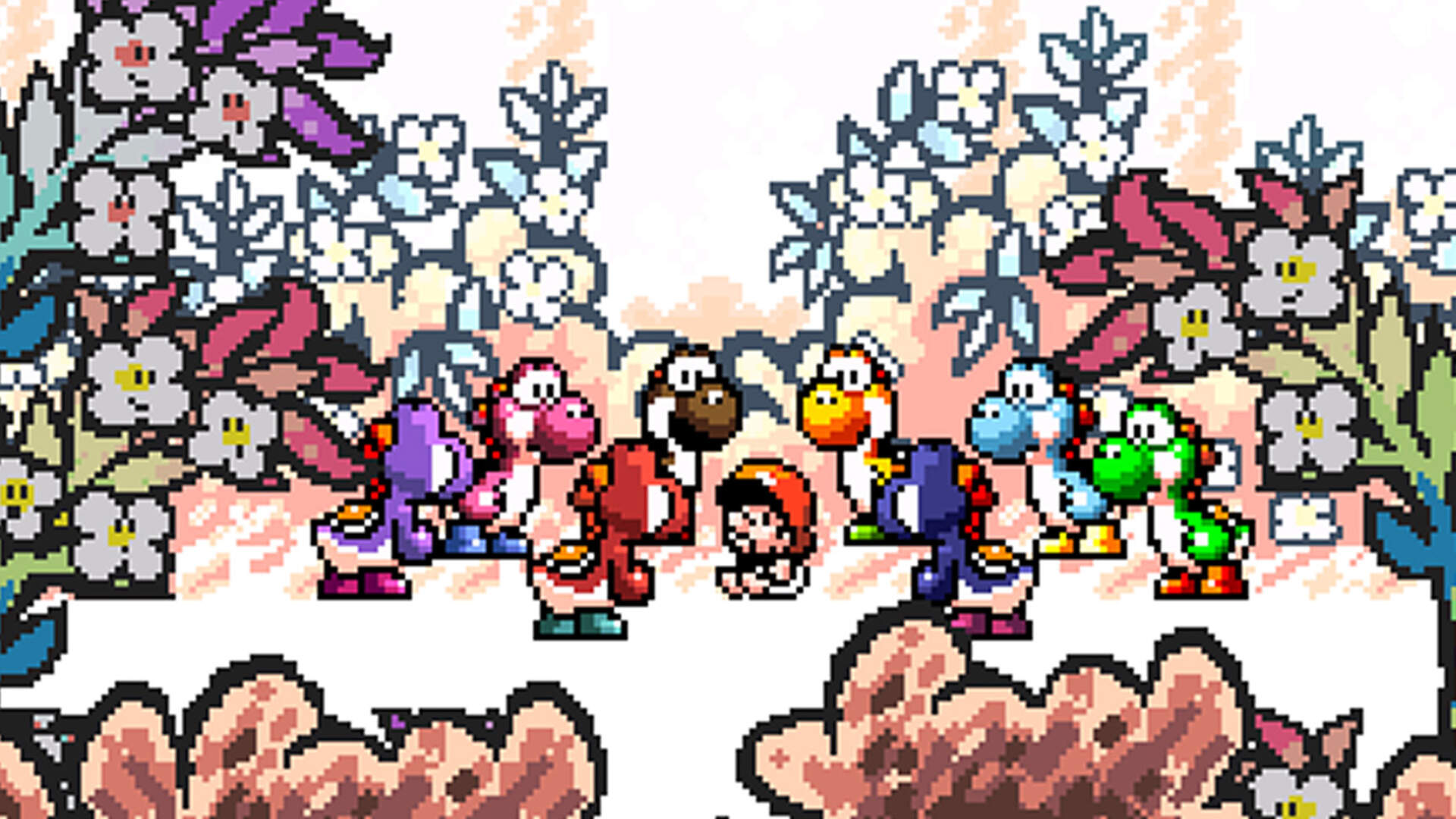 All of the Yoshi's on Yoshi Island greet baby Mario in the forest.